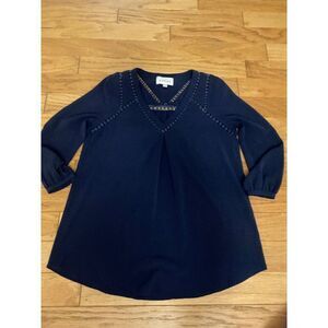 Sabine Women's Navy Blue Blouse With Crochet Trim Long Sleeves V-Neck Size XS